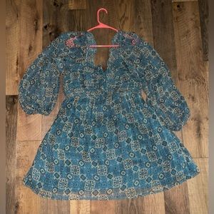 Anthropologie, Let Me Be Cutout Mini Dress, Teal & Tan Print, 1X